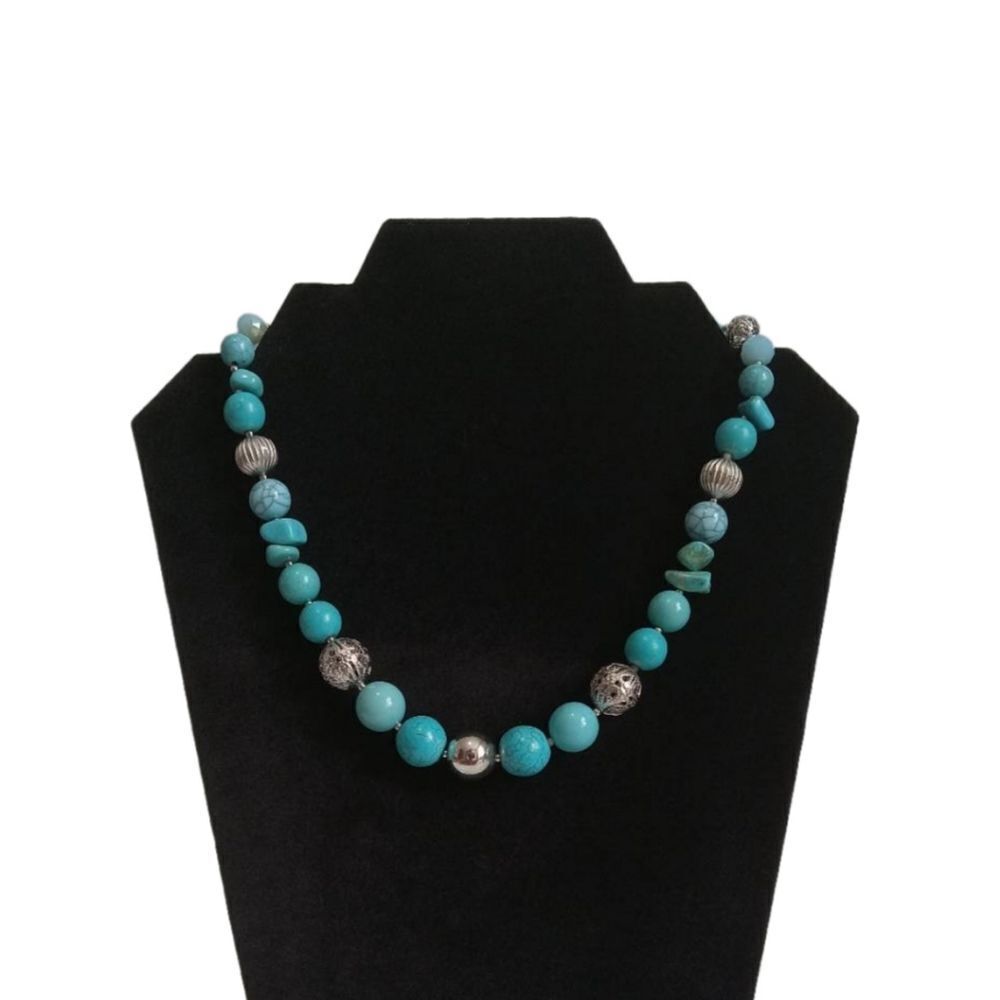 Turquoise Blue and Silver Toned Round Assorted Beads Boho Chic Fashion Necklace